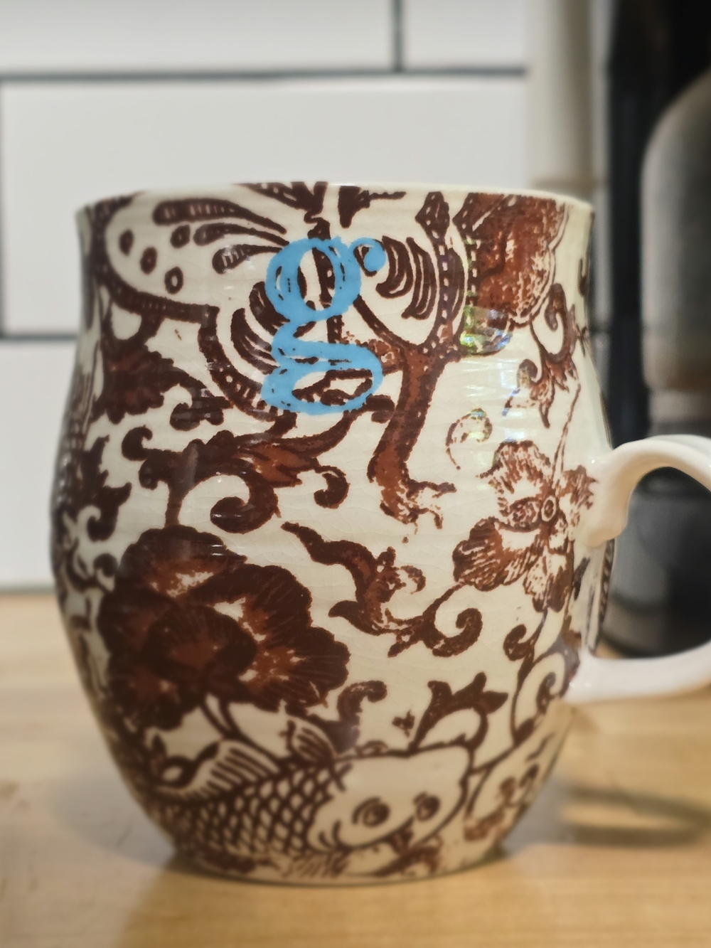 Anthropologie Brown, White & Blue Hand-Painted Koi Ceramic Mug